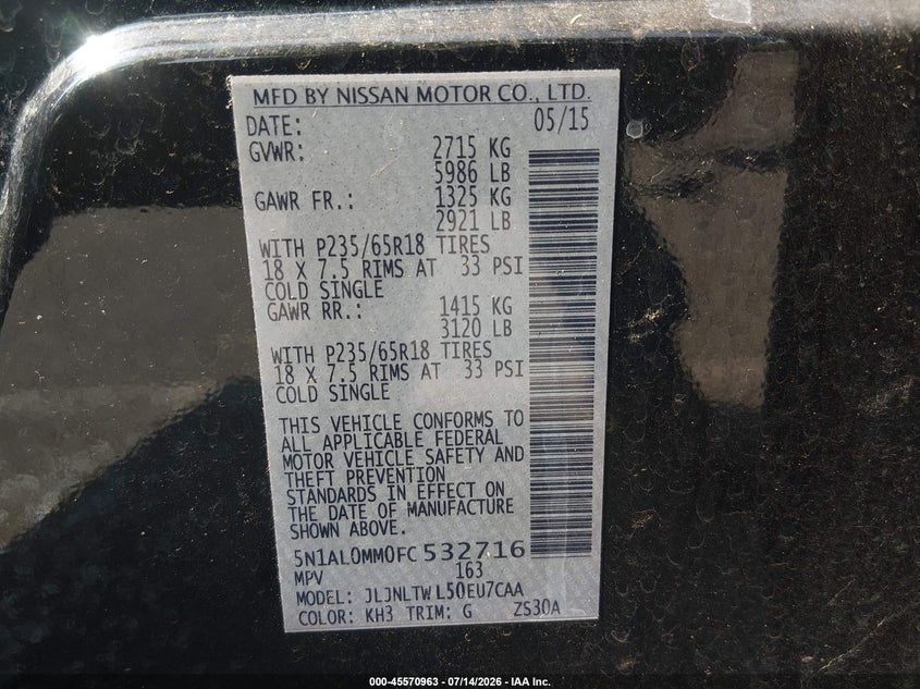 2015 Infiniti Qx60 VIN: 5N1AL0MM0FC532716 Lot: 45570963
