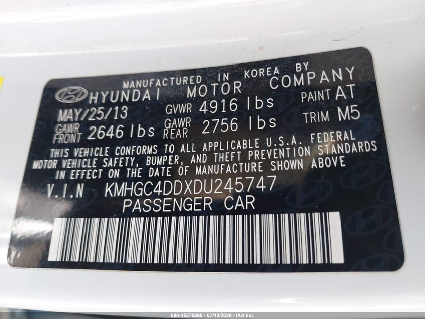 2013 Hyundai Genesis 3.8 VIN: KMHGC4DDXDU245747 Lot: 45570990
