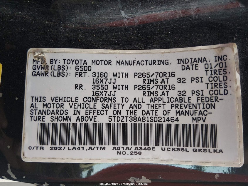 2001 Toyota Sequoia Limited V8 VIN: 5TDZT38A81S021464 Lot: 45571027