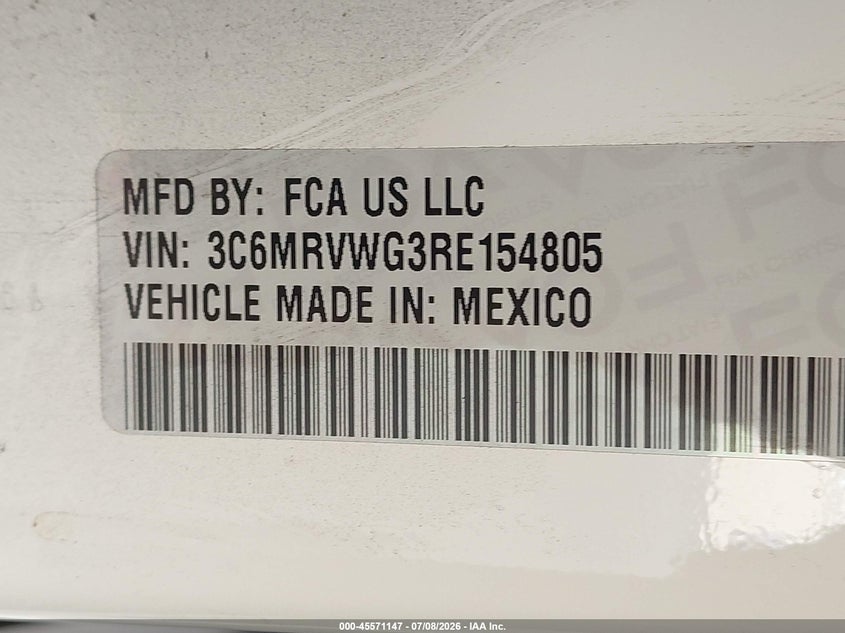 2024 Ram Promaster 3500 Tradesman Low Roof 136 Wb W/Pass Seat VIN: 3C6MRVWG3RE154805 Lot: 45571147