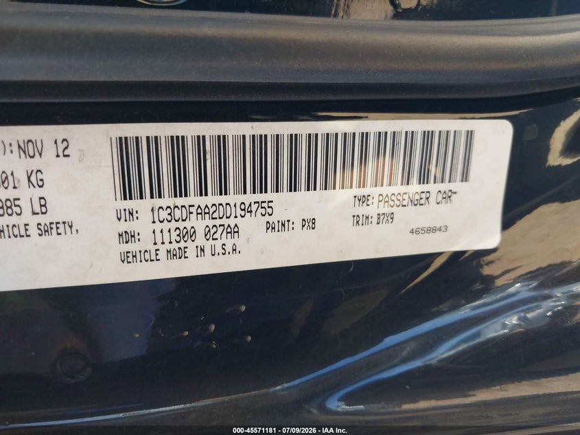 2013 Dodge Dart Se VIN: 1C3CDFAA2DD194755 Lot: 45571181