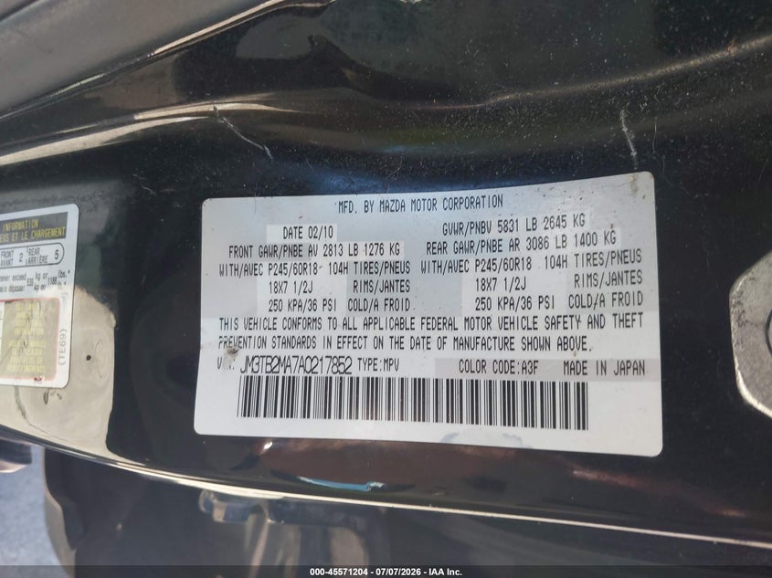 2010 Mazda Cx-9 Touring VIN: JM3TB2MA7A0217852 Lot: 45571204