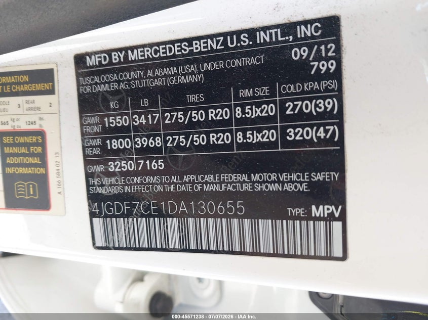 2013 Mercedes-Benz Gl 450 4Matic VIN: 4JGDF7CE1DA130655 Lot: 45571238