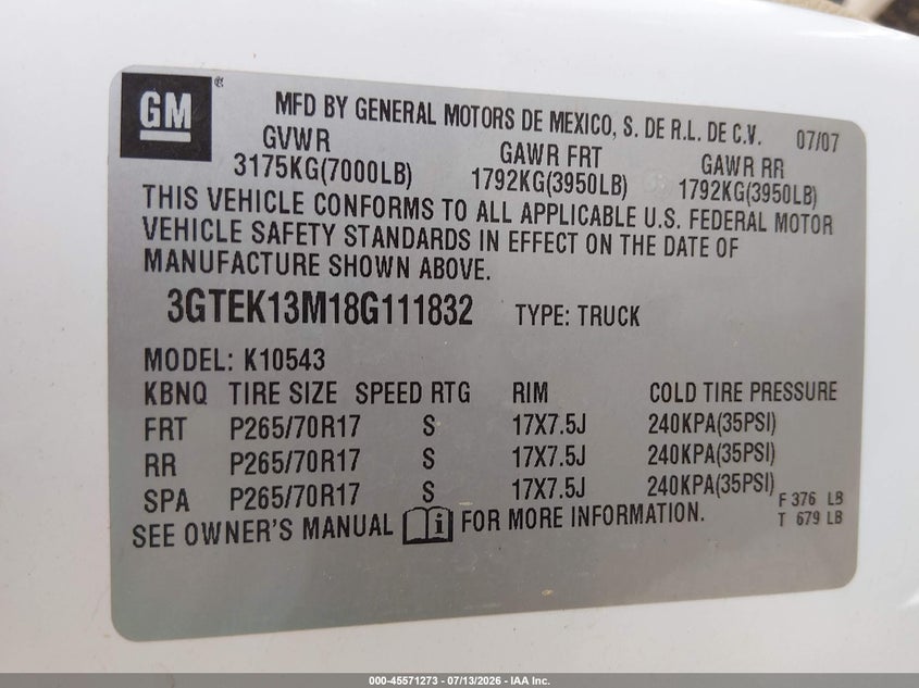 2008 GMC Sierra 1500 Sle1 VIN: 3GTEK13M18G111832 Lot: 45571273