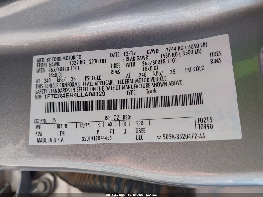 2020 FORD RANGER TRUCK 2.3L I-4 DI, DOHC, VVT, TURBO, 270HP