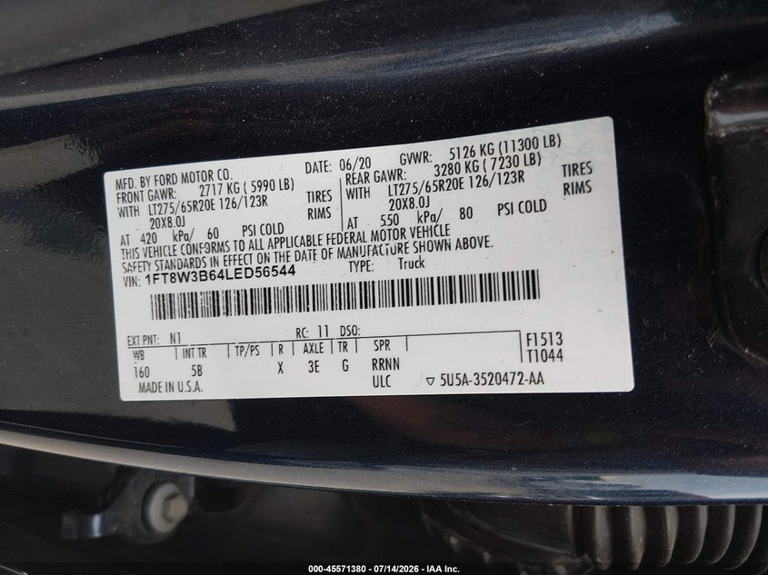 2020 Ford F-350 Lariat VIN: 1FT8W3B64LED56544 Lot: 45571380