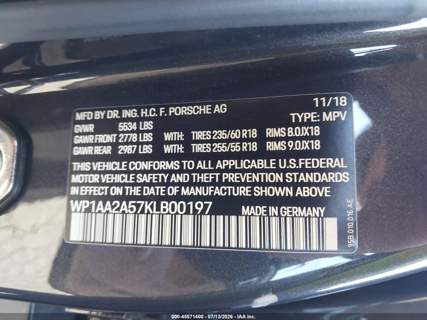 2019 Porsche Macan VIN: WP1AA2A57KLB00197 Lot: 45571400