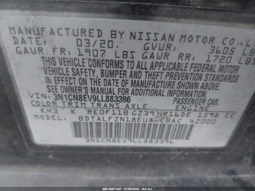 NISSAN VERSA 2020 VIN 3N1CN8EV9LL883396