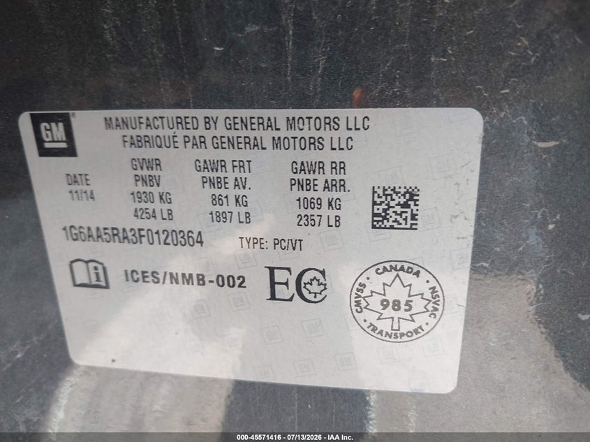2015 Cadillac Ats Standard VIN: 1G6AA5RA3F0120364 Lot: 45571416