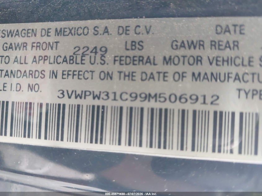 2009 Volkswagen New Beetle 2.5L VIN: 3VWPW31C99M506912 Lot: 45571430