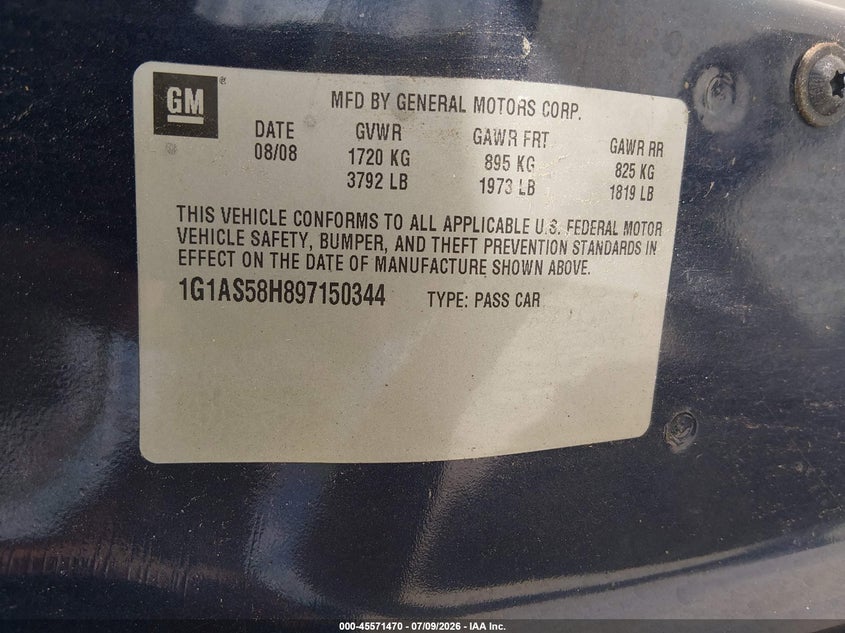 2009 Chevrolet Cobalt Ls VIN: 1G1AS58H897150344 Lot: 45571470