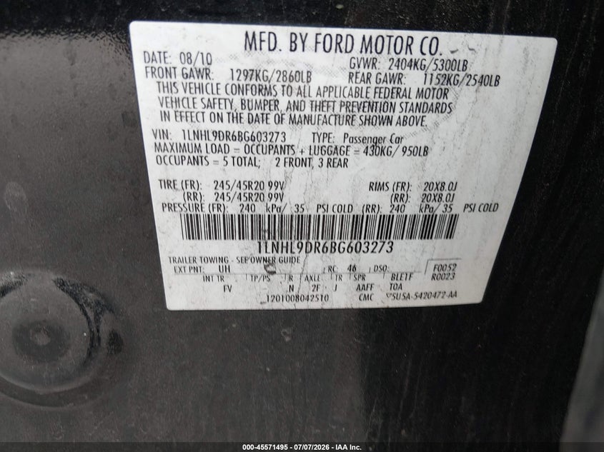 2011 Lincoln Mks VIN: 1LNHL9DR6BG603273 Lot: 45571495