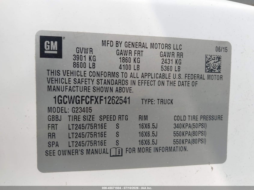 2015 Chevrolet Express 2500 Work Van VIN: 1GCWGFCFXF1262541 Lot: 45571504