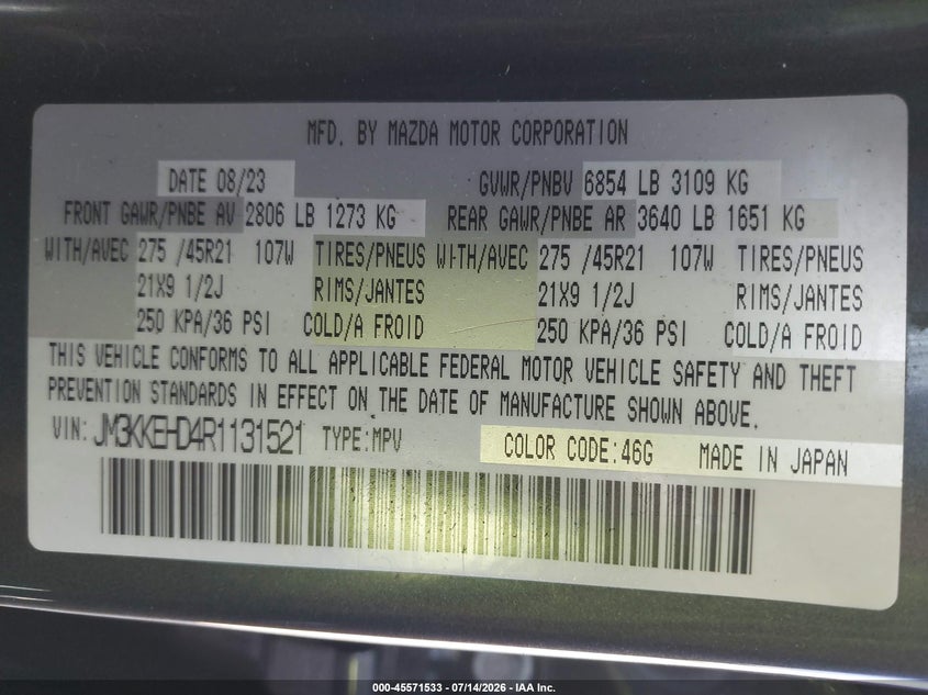 2024 Mazda Cx-90 3.3 Turbo Premium Plus VIN: JM3KKEHD4R1131521 Lot: 45571533