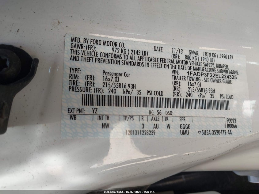 FORD FOCUS 2014 VIN 1FADP3F22EL224325