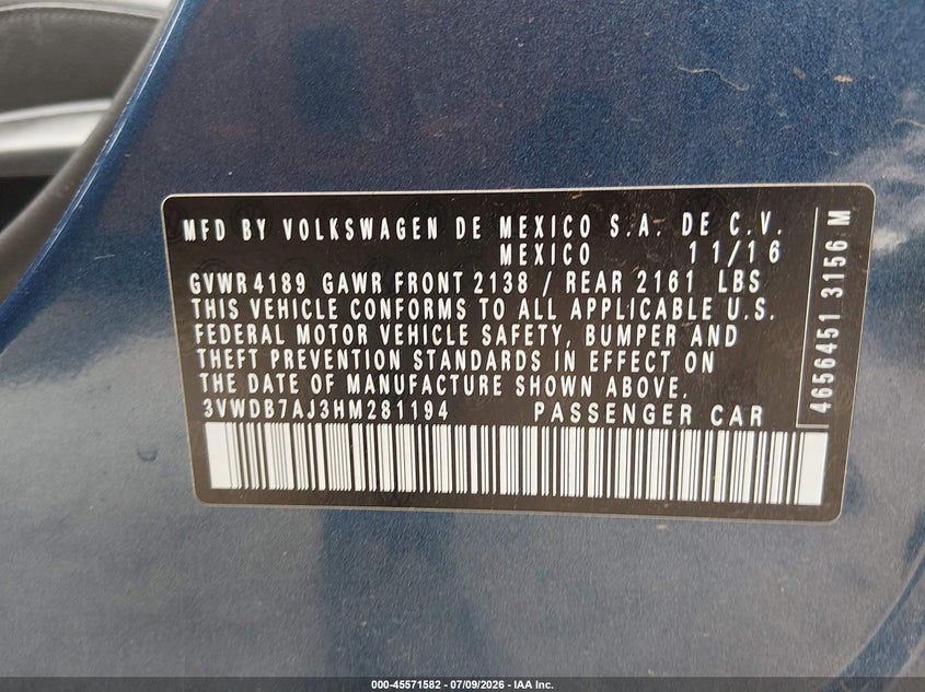 2017 VOLKSWAGEN JETTA SEDAN 1.4L I-4 DI, DOHC, VVT, TURBO, 150HP
