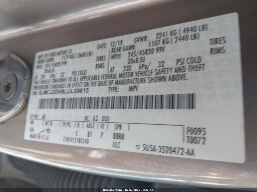 2020 Lincoln Corsair Reserve VIN: 5LMCJ2DH8LUL09615 Lot: 45571587