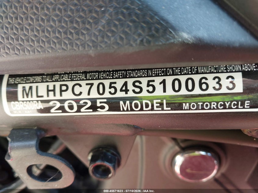 2025 Honda Cbr500 Ra VIN: MLHPC7054S5100633 Lot: 45571623