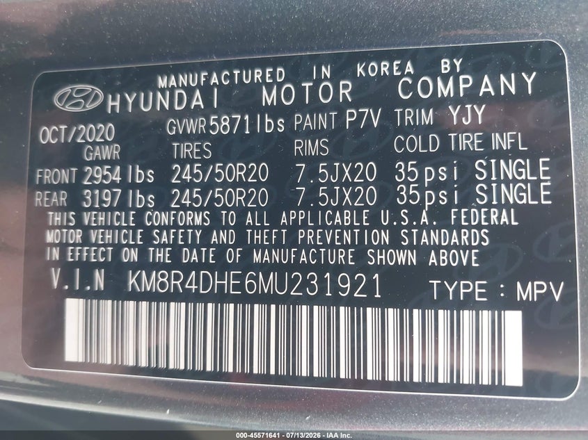 2021 Hyundai Palisade Sel VIN: KM8R4DHE6MU231921 Lot: 45571641