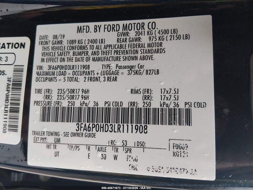 VIN: 3FA6P0HD3LR111908 2020 FORD FUSION SE