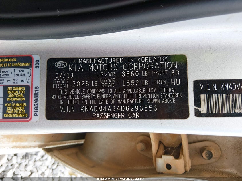 2013 Kia Rio Lx VIN: KNADM4A34D6293553 Lot: 45571698
