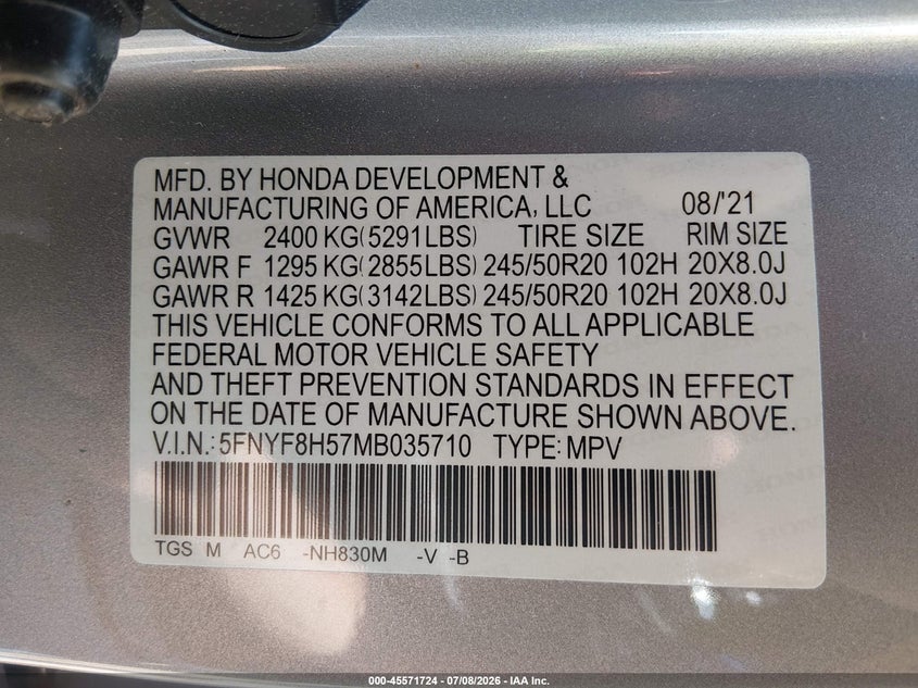 2021 Honda Passport Awd Ex-L VIN: 5FNYF8H57MB035710 Lot: 45571724