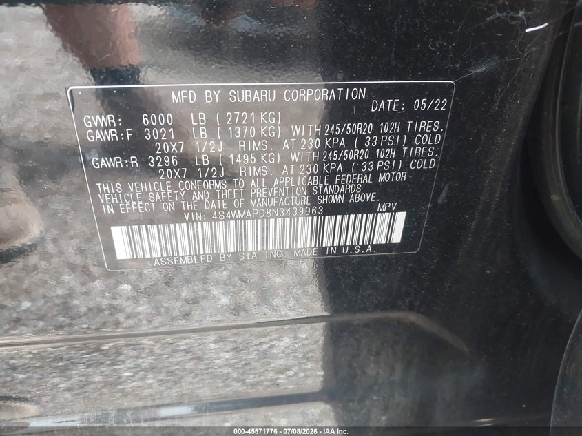 2022 Subaru Ascent Limited VIN: 4S4WMAPD8N3439963 Lot: 45571776