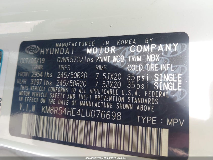 2020 Hyundai Palisade Limited VIN: KM8R54HE4LU076698 Lot: 45571785