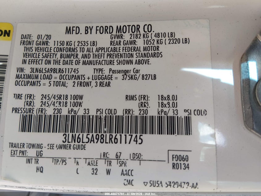 2020 Lincoln Mkz Standard VIN: 3LN6L5A98LR611745 Lot: 45571791