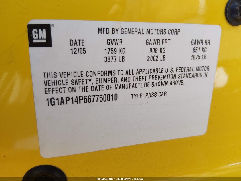 2006 Chevrolet Cobalt Ss Supercharged VIN: 1G1AP14P667750010 Lot: 45571877