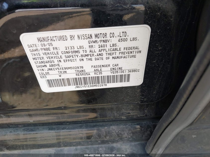 2006 Infiniti G35 VIN: JNKCV51E96M502978 Lot: 45571886