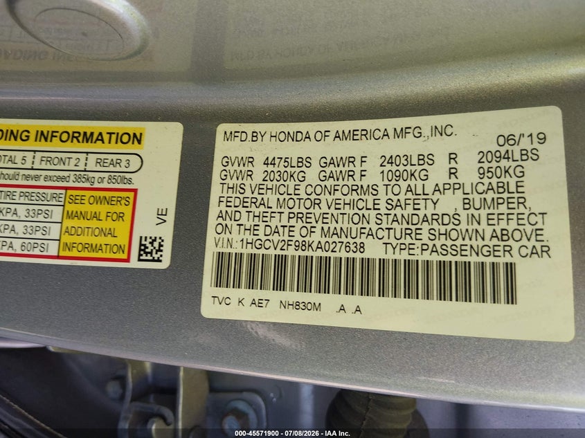 2019 Honda Accord Touring 2.0T VIN: 1HGCV2F98KA027638 Lot: 45571900