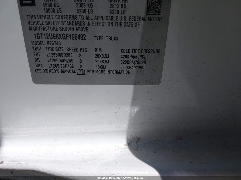 GMC SIERRA 2500HD 2016 VIN 1GT12UE8XGF196492