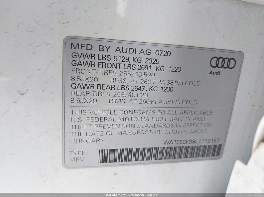 2020 Audi Q3 Premium Plus 45 Tfsi S Line Quattro Tiptronic VIN: WA1EECF38L1119157 Lot: 45571971