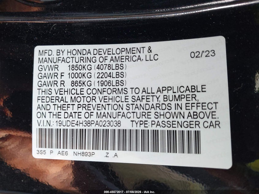 2023 Acura Integra A-Spec VIN: 19UDE4H38PA023038 Lot: 45572017