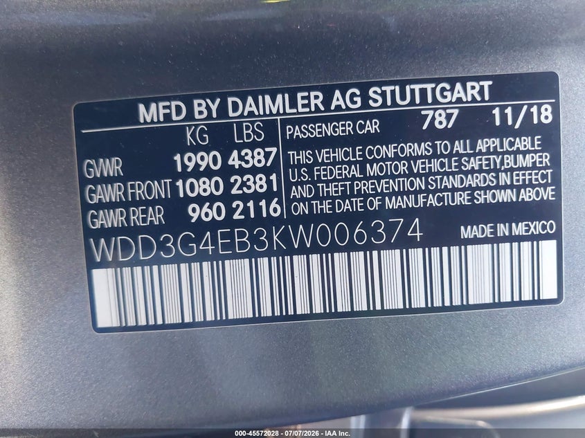 2019 Mercedes-Benz A 220 VIN: WDD3G4EB3KW006374 Lot: 45572028