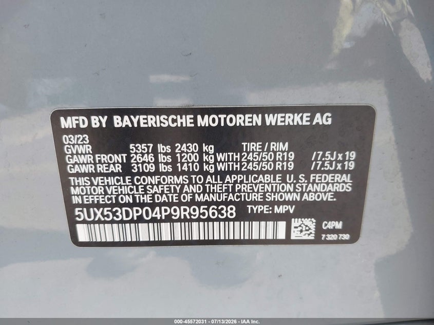 2023 BMW X3 xDrive30I VIN: 5UX53DP04P9R95638 Lot: 45572031
