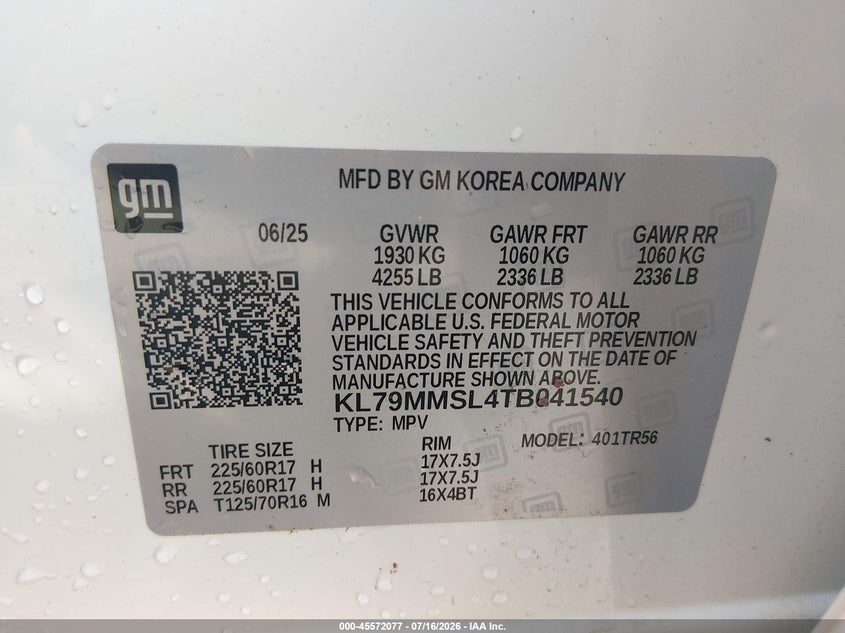 2026 Chevrolet Trailblazer Fwd Ls VIN: KL79MMSL4TB041540 Lot: 45572077