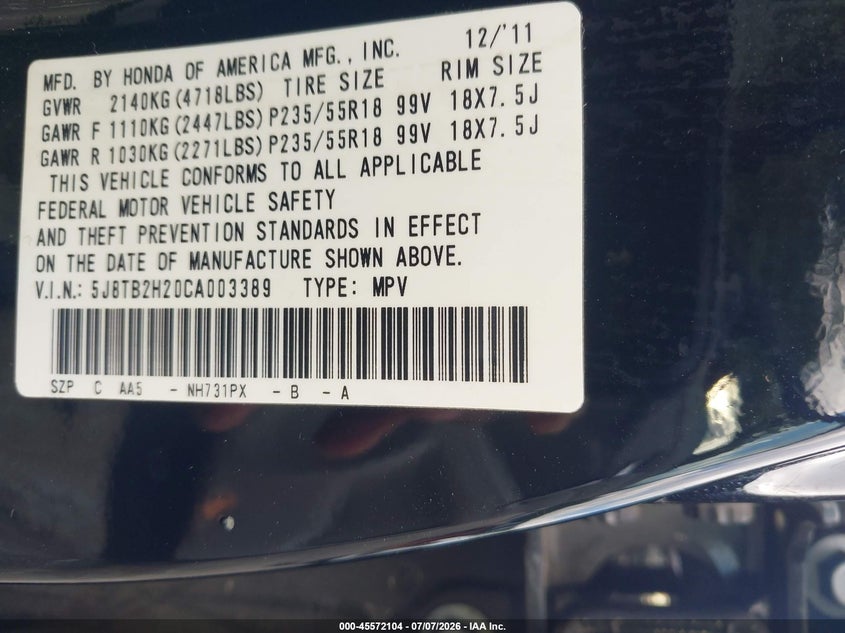 2012 Acura Rdx VIN: 5J8TB2H20CA003389 Lot: 45572104