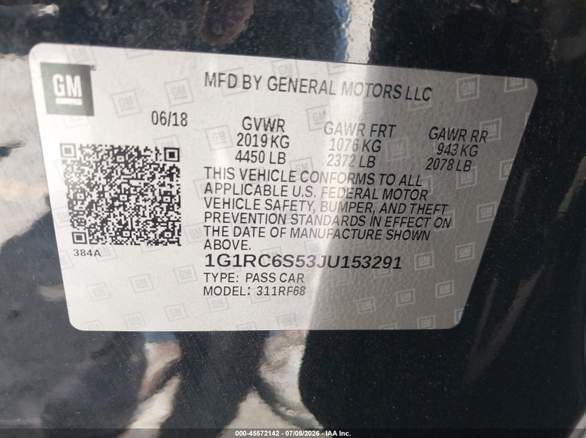 2018 Chevrolet Volt Lt VIN: 1G1RC6S53JU153291 Lot: 45572142