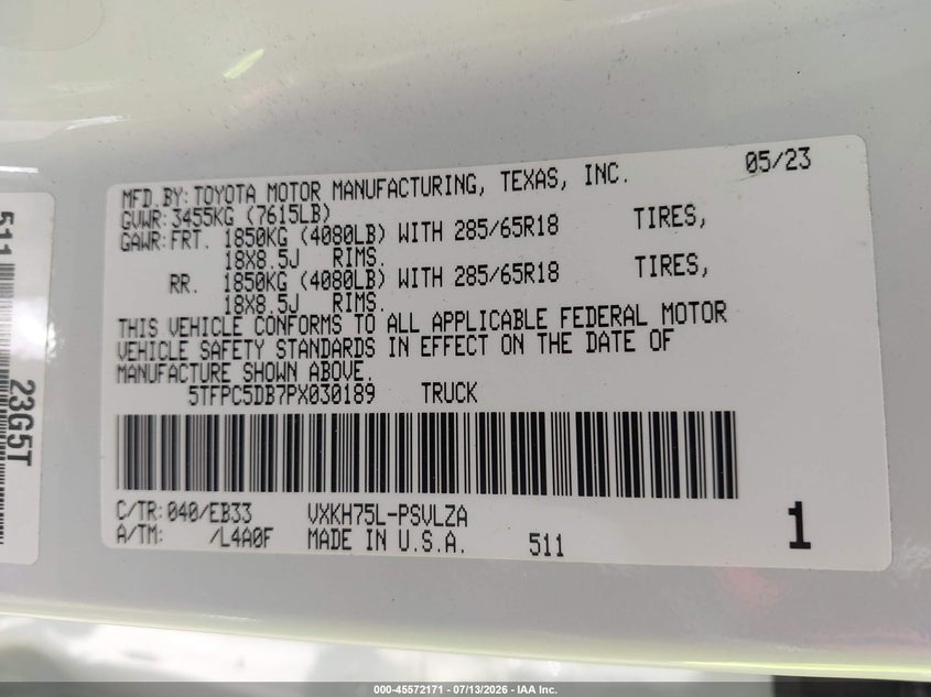 2023 Toyota Tundra Hybrid Trd Pro VIN: 5TFPC5DB7PX030189 Lot: 45572171