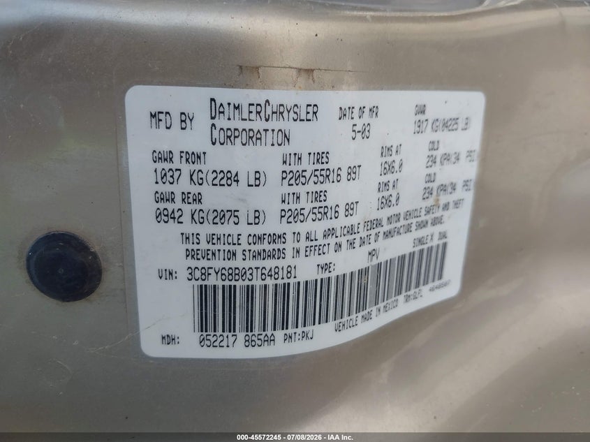 2003 Chrysler Pt Cruiser Limited VIN: 3C8FY68B03T648181 Lot: 45572245