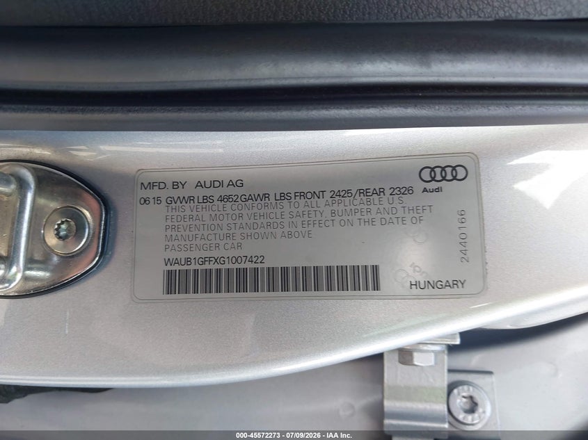 2016 Audi S3 Premium Plus VIN: WAUB1GFFXG1007422 Lot: 45572273