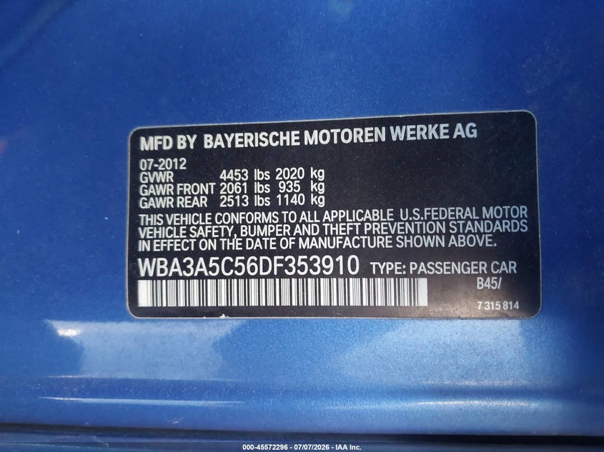 2013 BMW 328I VIN: WBA3A5C56DF353910 Lot: 45572296