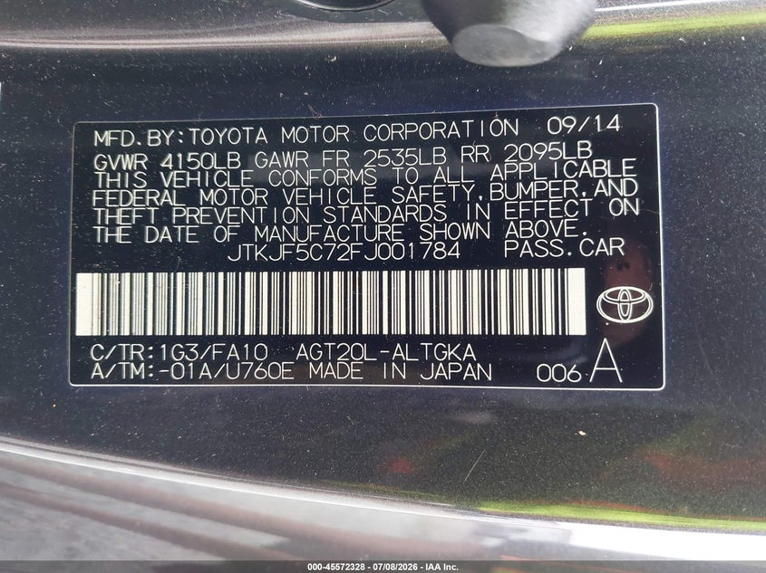 2015 Scion Tc VIN: JTKJF5C72FJ001784 Lot: 45572328