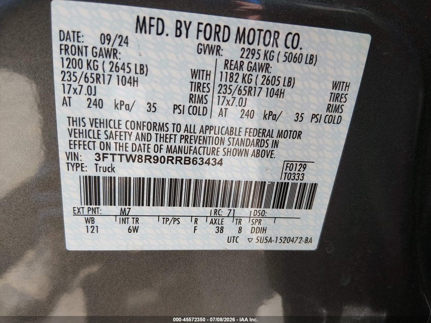2024 Ford Maverick Lariat VIN: 3FTTW8R90RRB63434 Lot: 45572350