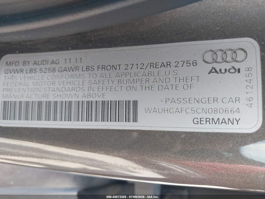 2012 Audi A6 3.0T Prestige VIN: WAUHGAFC5CN080664 Lot: 45572385
