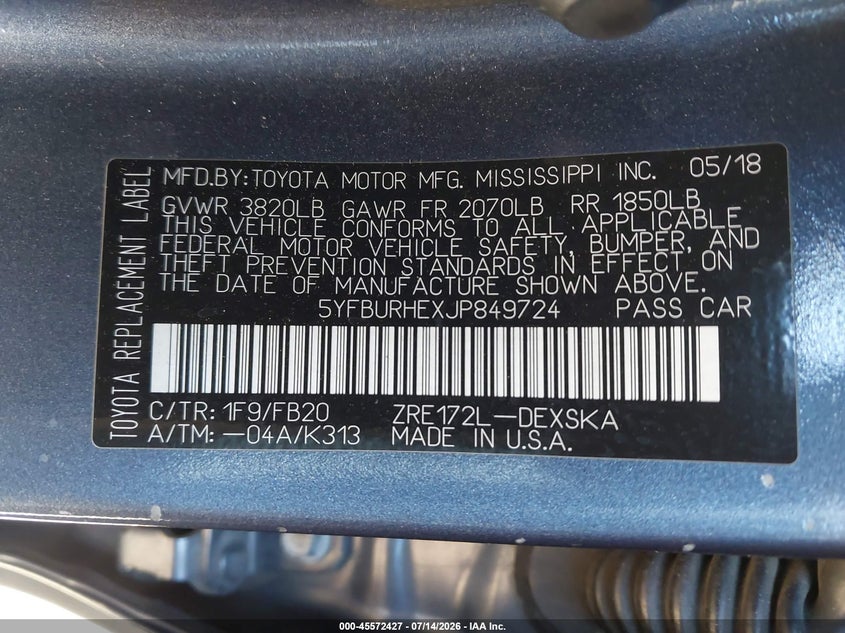 2018 Toyota Corolla Se VIN: 5YFBURHEXJP849724 Lot: 45572427