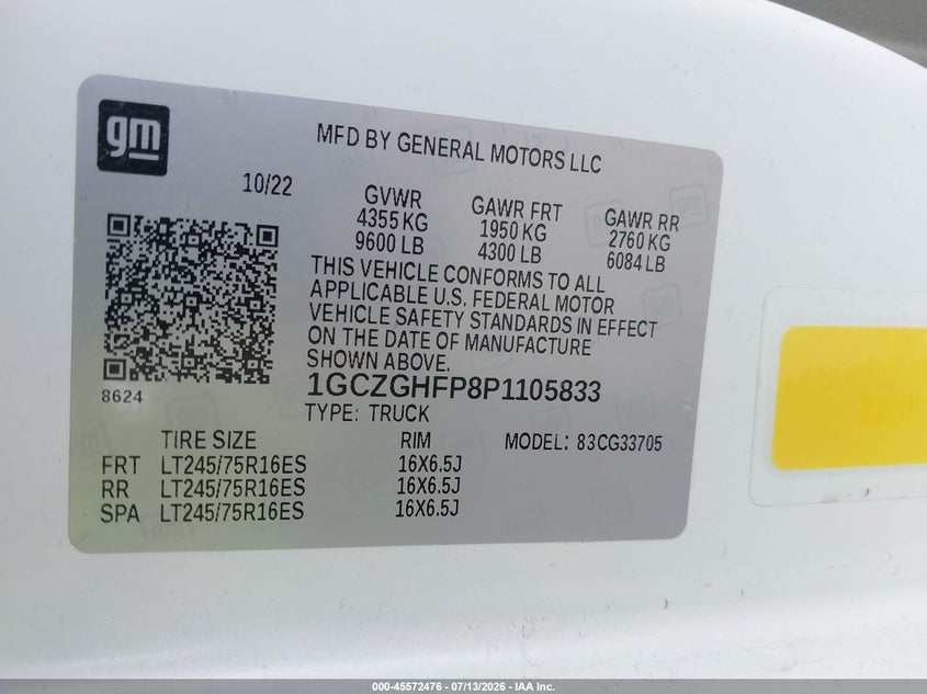 CHEVROLET EXPRESS CARGO 2023 VIN 1GCZGHFP8P1105833