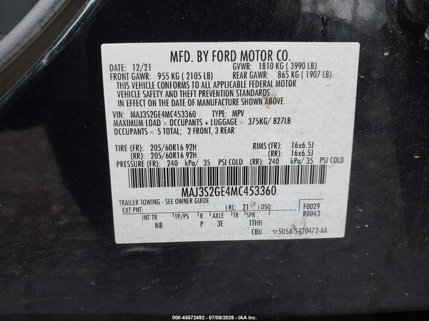 2021 Ford Ecosport Se VIN: MAJ3S2GE4MC453360 Lot: 45572492